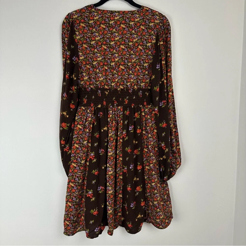 SO‎ Dress Size Medium Brown Ditzy Floral Patchwork Boho Prairie Hippie Smocked
